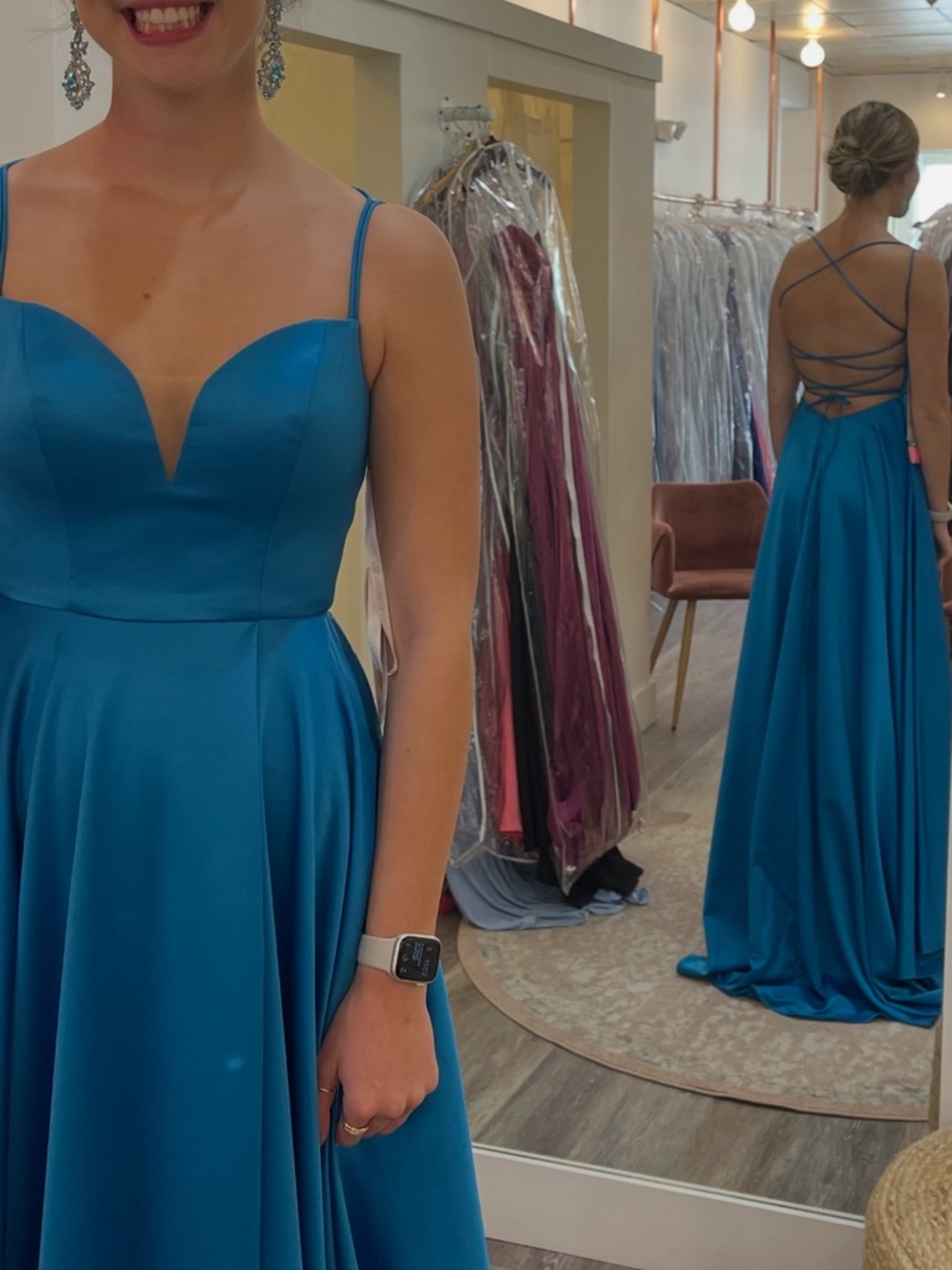 Elegant Teal Blue Spaghetti-Strap Evening Gown - Picture 4 of 4